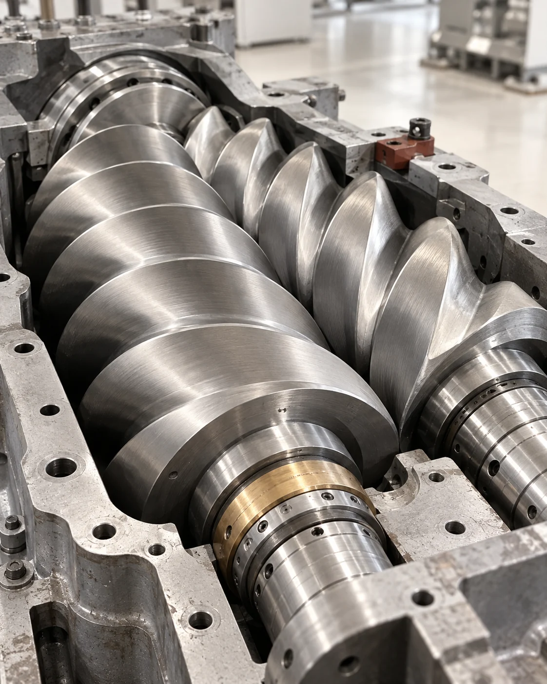 Illustrative intermeshing steel compressor rotors with a narrow brass bearing collar