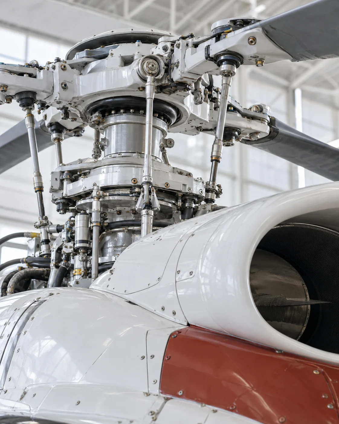 Illustrative civilian helicopter rotor and intake detail with a muted red cowling