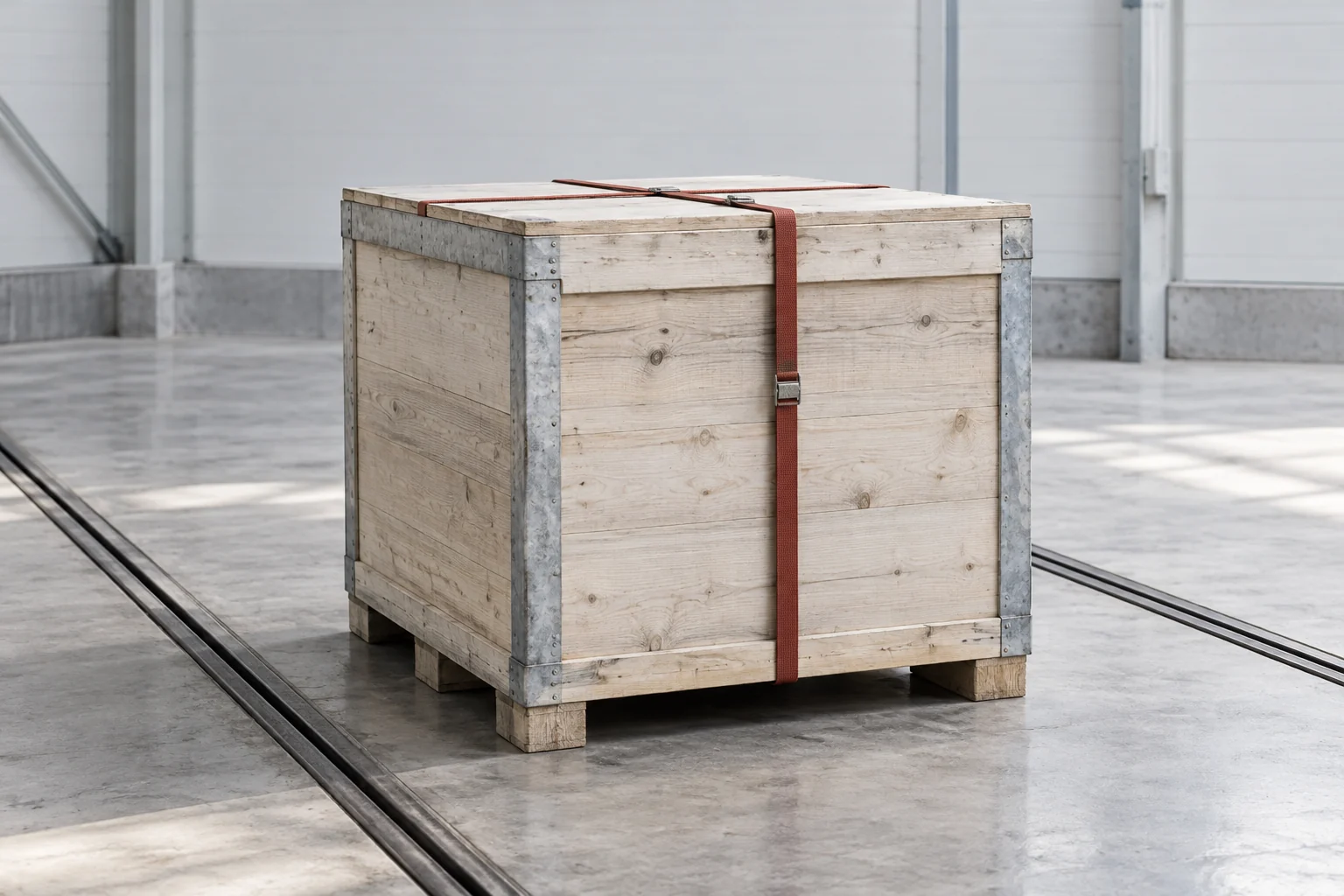Illustrative secured export crate in a prepared warehouse receiving bay
