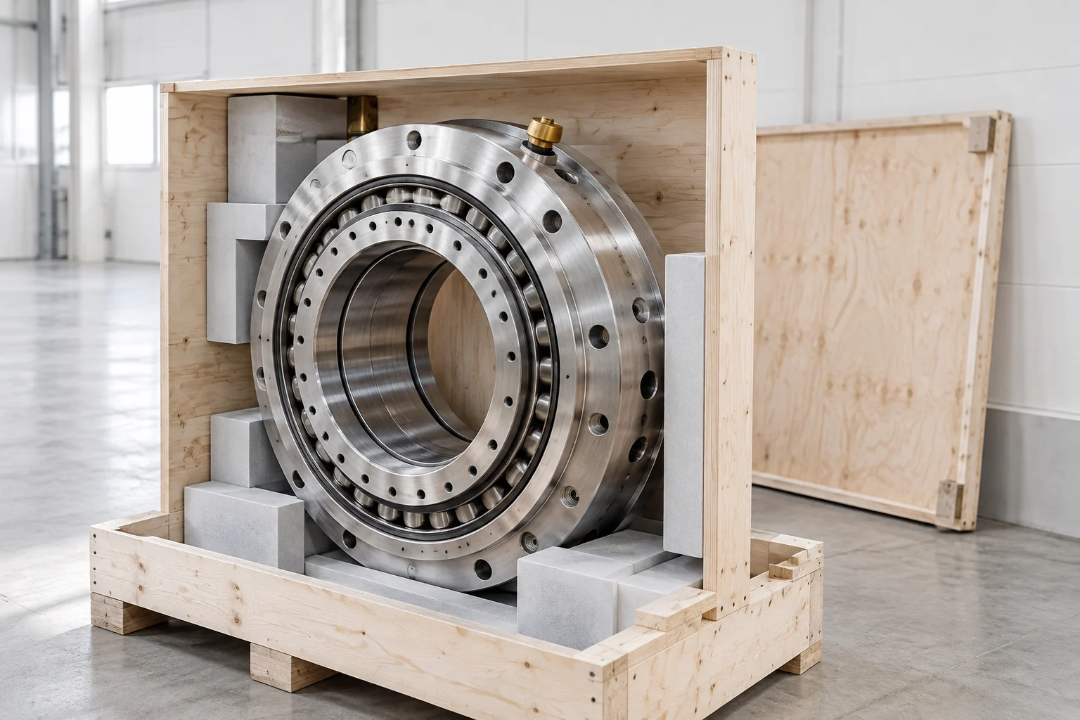 Illustrative precision bearing secured in an open dispatch crate